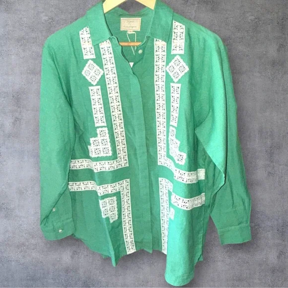 Sézane X Lucia Vergara Green Linen Embroidered Cottagecore Blouse Avant Garde - Picture 5 of 13